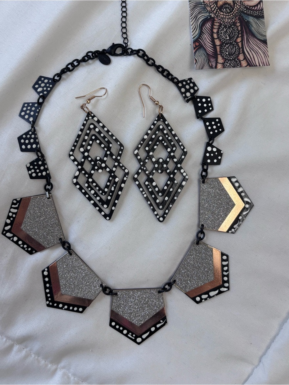 Statement Black Polka Dot Geometric Necklace & Earring Set. Hand painted.